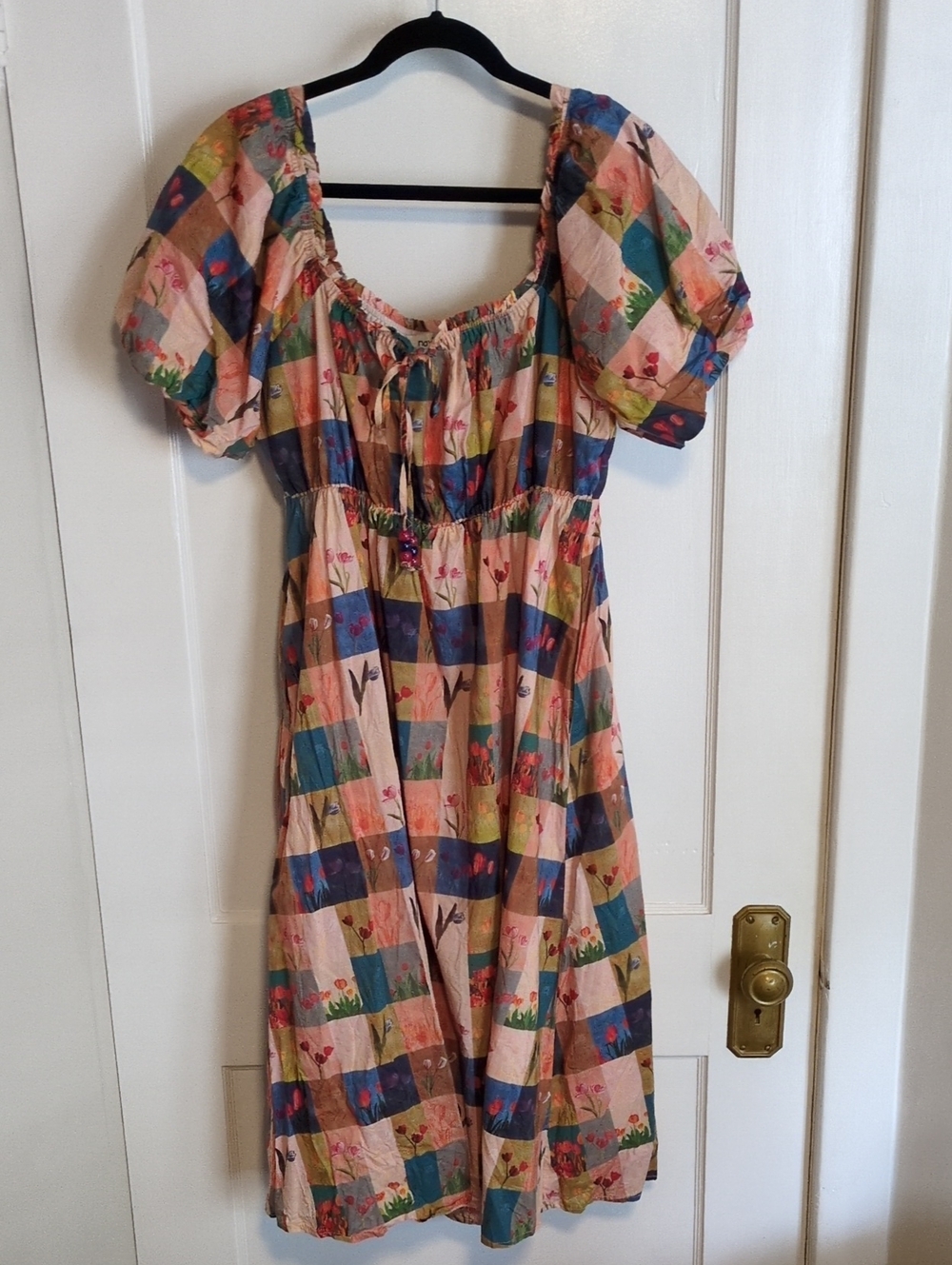 DAVI & DANI Peach and Blue Patchwork Midi Dress w/ Pockets